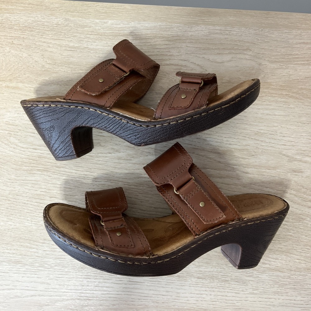 Born Bellot Leather Sandals Heeled Slip On Brown Chunky High Heel Sandal Shoe 9